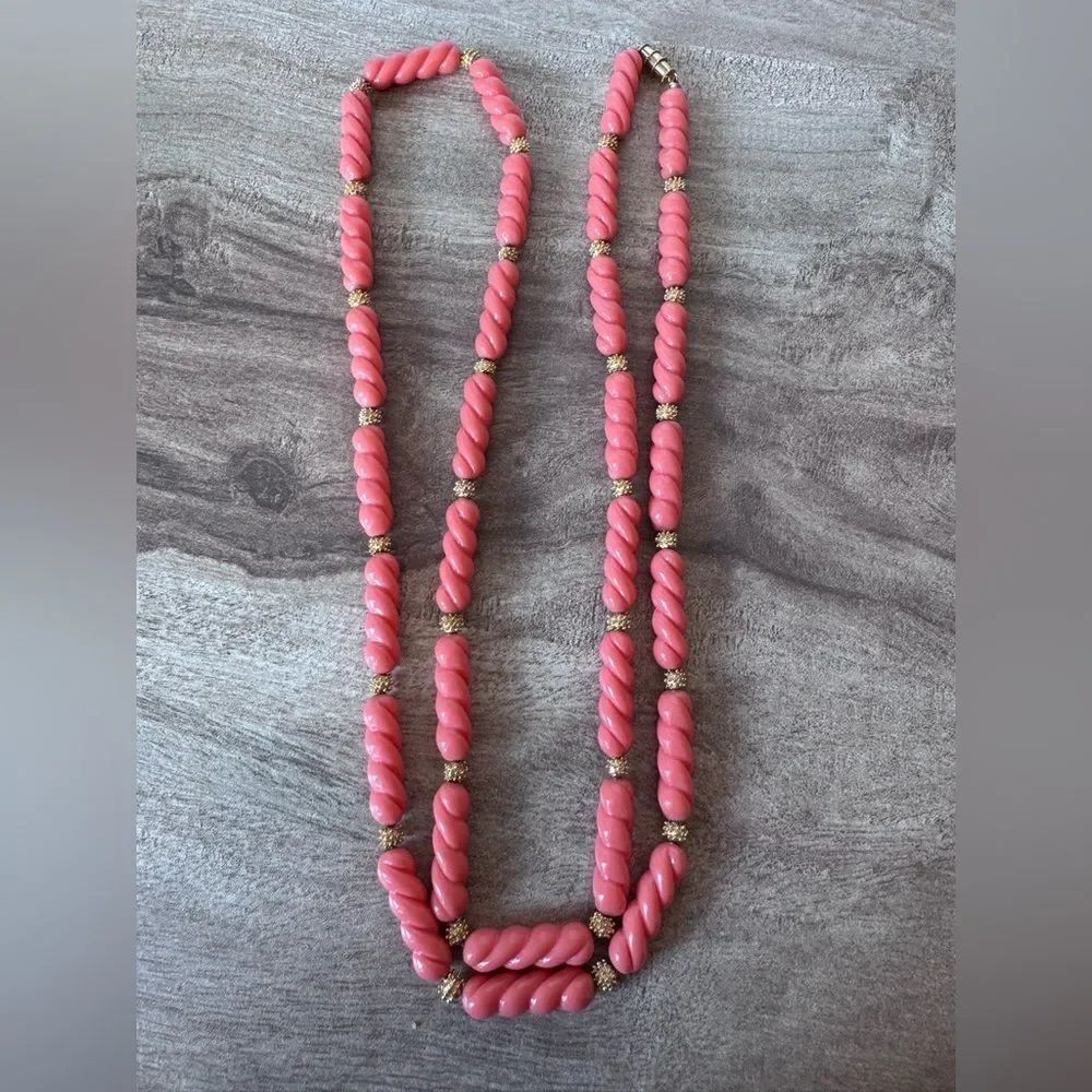 Vintage Long Necklace Acrylic Spiral Cylinder Beads Coral Pink & Gold Tone
